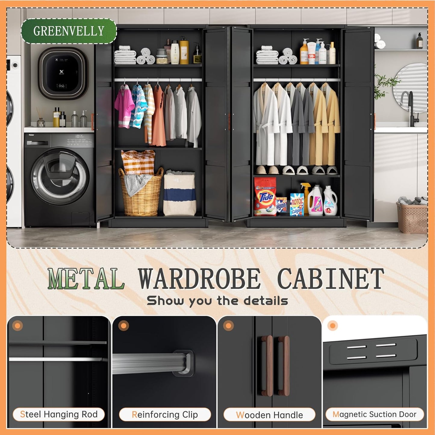 Metal Wardrobe Cabinet with Wooden Handle, 72" Black Metal Wardrobe Closet with Hanging Rods and Adjustable Shelves, Clothing Storage Closet Cabinet for Bedroom, Cloak Room, Laundry Room