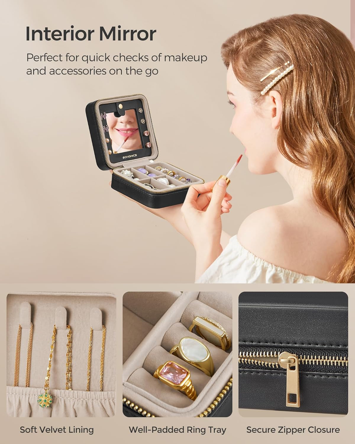 Jewelry Box, 4.5 X 4.5 X 2.2 Inches Travel Jewelry Box with Interior Mirror, PU Leather Jewelry Storage for Women, Small Jewelry Organizer, Portable, Gift Idea, Ink Black UJBC146BKV1