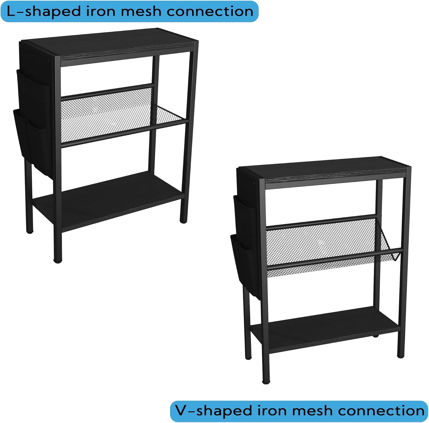 Small Narrow Side Table for Small Spaces, Slim End Table with Storage Bag, Sofa Snack Table with Adjustable Metal Mesh, 3 Tier Accent Skinny beside Table for Living Room & Bedroom, Black Oak