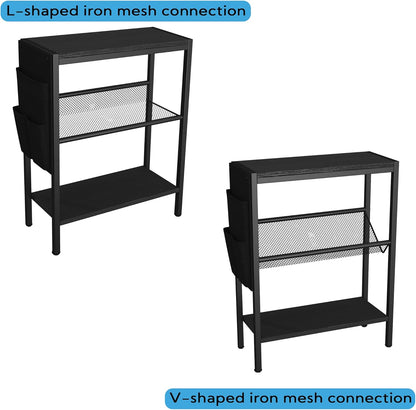 Small Narrow Side Table for Small Spaces, Slim End Table with Storage Bag, Sofa Snack Table with Adjustable Metal Mesh, 3 Tier Accent Skinny beside Table for Living Room & Bedroom, Black Oak