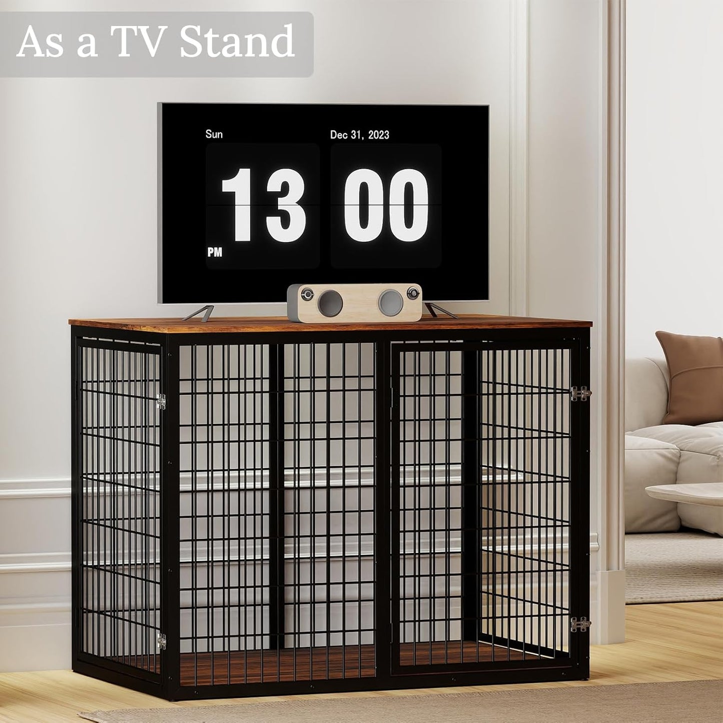 48" Dog Crate Furniture for Medium Large Dogs, Indestructible Large Dog Kennel Indoor with 3 Doors, Wooden Dog Cage Side End Table, Heavy Duty XL Dog Crate, Brown