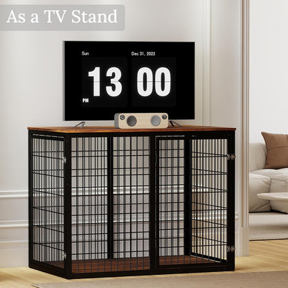48" Dog Crate Furniture for Medium Large Dogs, Indestructible Large Dog Kennel Indoor with 3 Doors, Wooden Dog Cage Side End Table, Heavy Duty XL Dog Crate, Brown