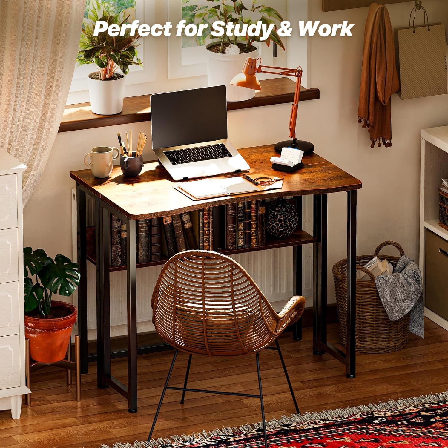 Folding Desk with Storage Shelf, 31.5 Inch Foldable Computer Table for Small Spaces, Space Saving Sofa Table for Couch, Writing Work Office Computer Desk, Easy to Fold, Rustic Brown