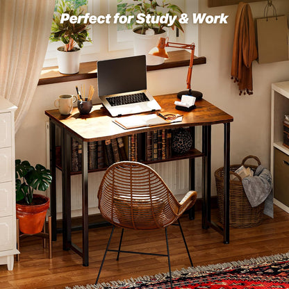 Folding Desk with Storage Shelf, 31.5 Inch Foldable Computer Table for Small Spaces, Space Saving Sofa Table for Couch, Writing Work Office Computer Desk, Easy to Fold, Rustic Brown