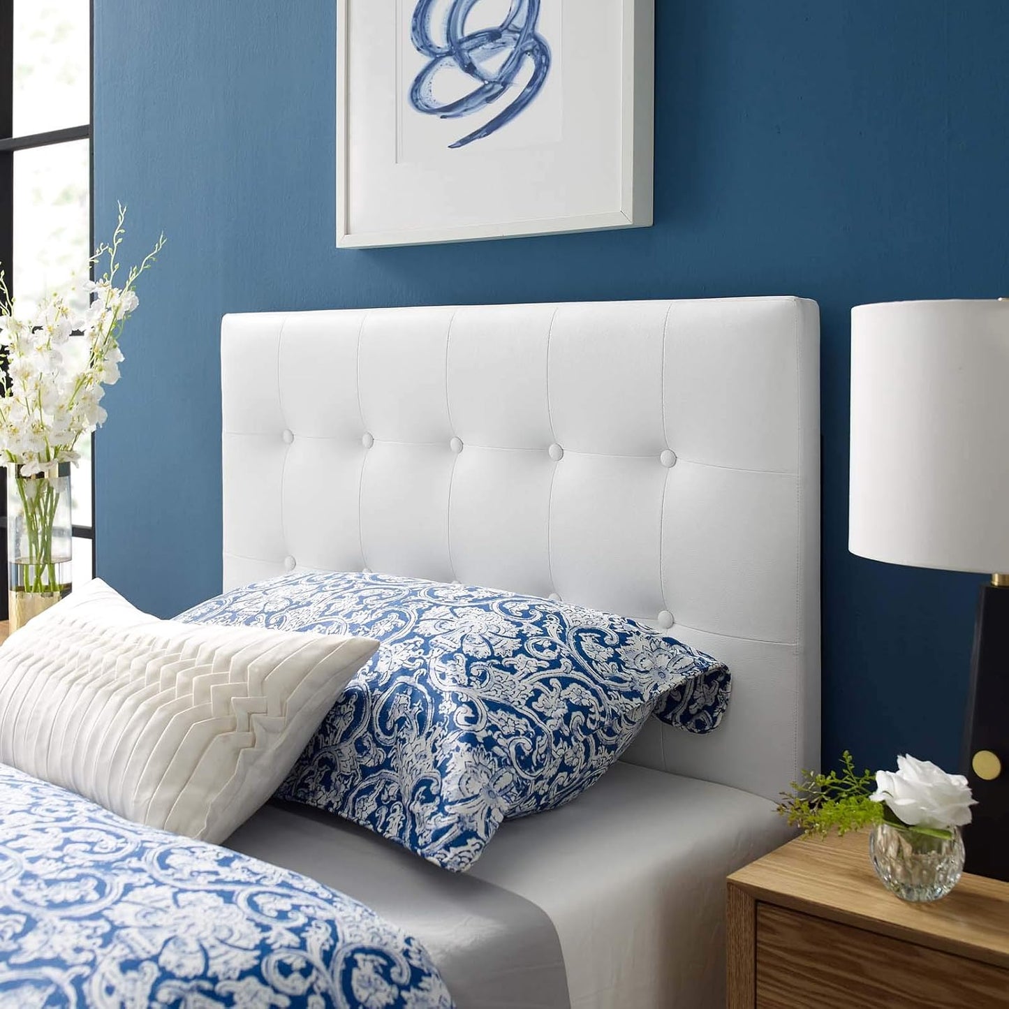 Emily Tufted Button Faux Leather Upholstered Twin Headboard in White