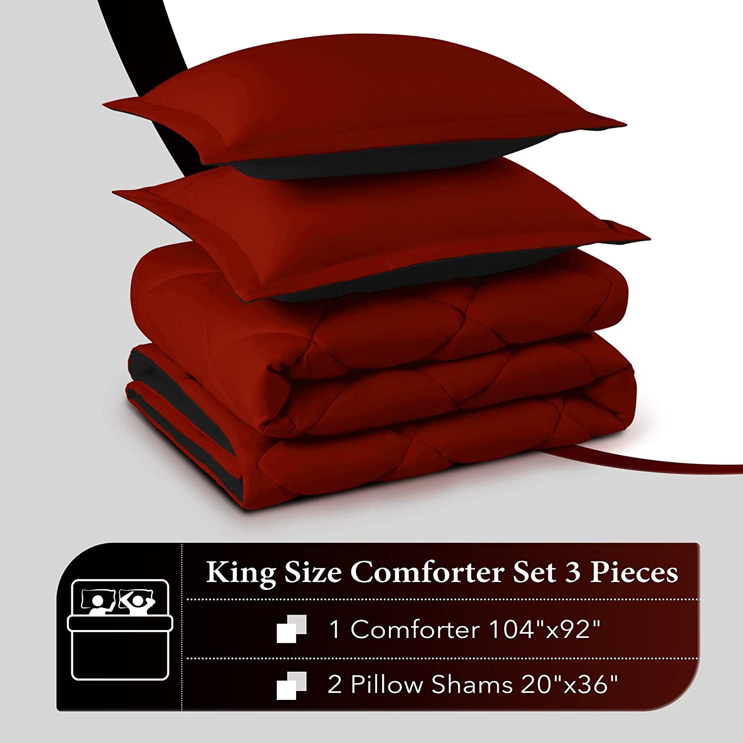 King Size Comforter Set - Red and Black King Comforter, Soft Bedding Sets for All Seasons - 3 Pieces - 1 Comforter (104"X92") and 2 Pillow Shams(20"X36")