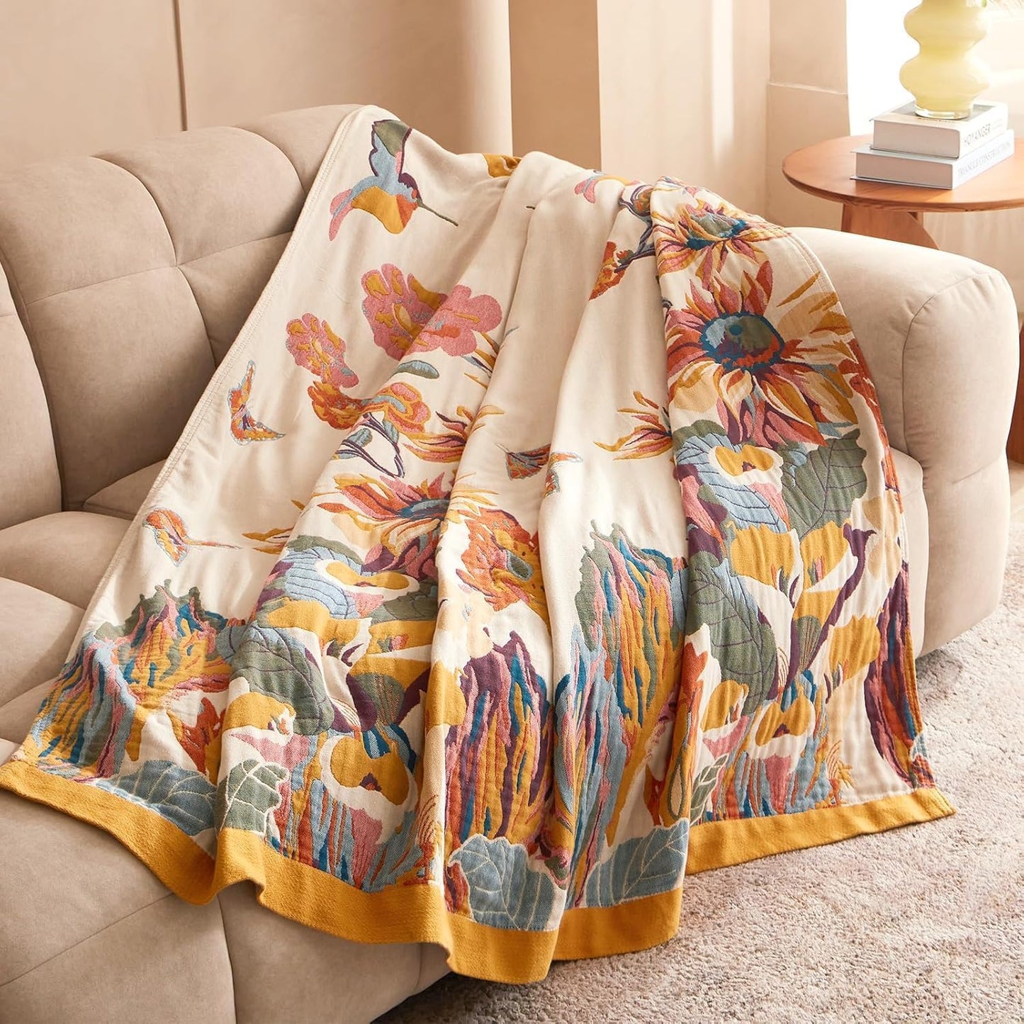 Boho Throw Blanket - 100% Cotton Soft Throw Blanket for Bed, 50"X60" Reversible Breathable Lightweight Fall Blankets, All Seasons Farmhouse Decor Floral Plant Butterfly Throw Quilt