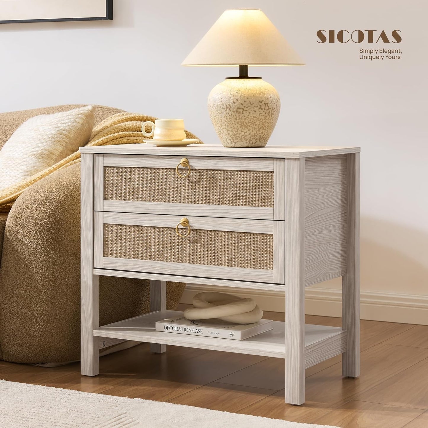 Boho Rattan Nightstand Set of 2, 26.7" Extra Wide Bedside Table with 2 Drawers & Open Shelf, White Oak Large Side Table for King Size Bed, Modern Coastal End Table for Master Bedroom