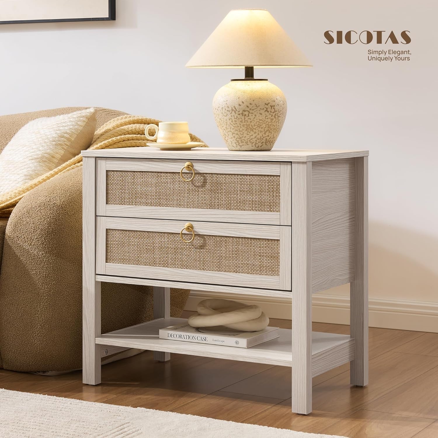 Boho Rattan Nightstand Set of 2, 26.7" Extra Wide Bedside Table with 2 Drawers & Open Shelf, White Oak Large Side Table for King Size Bed, Modern Coastal End Table for Master Bedroom