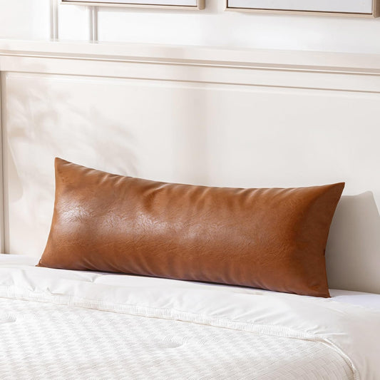 Brown Boho Long Lumbar Faux Leather Body Decorative Throw Pillow Cover 14X36 Inch for Bedroom Couch Bed Bench, Thick Stylish Solid Rectangle Pillowcase, Rustic Modern Farmhouse Room Decor