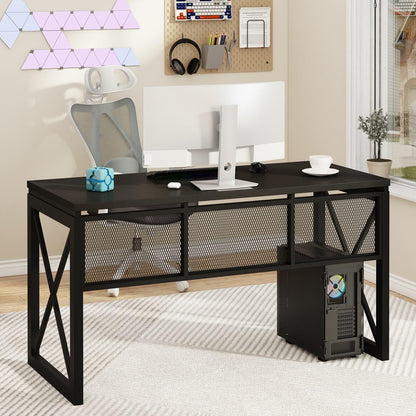 Black Computer Desk, Modern Gaming Desk, Industrial Wood Office Desks, Sturdy Writing Desks for Home Office, Living Room, Study Workstation, Bedroom (Black, 54 Inch)