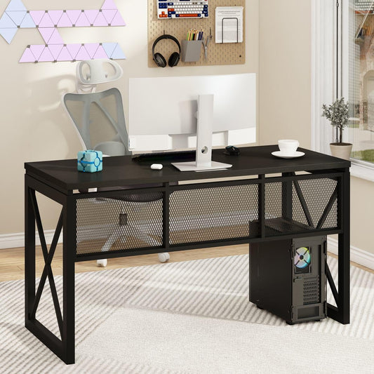 Black Computer Desk, Modern Gaming Desk, Industrial Wood Office Desks, Sturdy Writing Desks for Home Office, Living Room, Study Workstation, Bedroom (Black, 54 Inch)