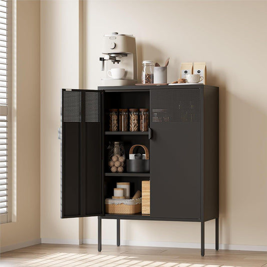 Black Metal Cabinet with Adjustable Shelves, 47”H Industrial Buffet Sideboard & Coffee Bar Station, Ventilated Steel Storage Cabinet with Magnetic Doors for Kitchen, Office, Living Room