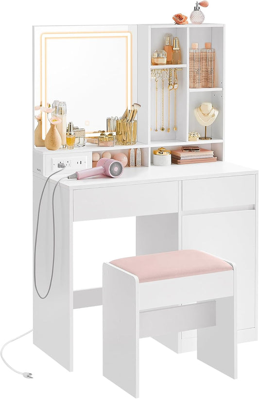 Vanity Desk with Mirror and Lights, Power Outlets, Vanity Table Set with Stool, Drawers, 35.4-Inch Wide Makeup Vanity, Jewelry Storage, Adjustable Shelves, for Bedroom, Cloud White URDT132W02
