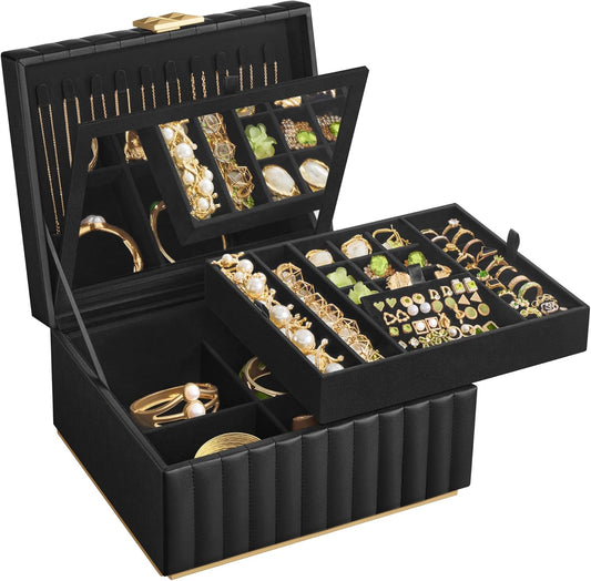 HOME 2-Tier Jewelry Box with Mirror, Jewelry Organizer, Removable Tray, PU Surface with Stitching, Floating Effect, 8.5 X 9.4 X 5.3 Inches, Ink Black, ANAH Collection UJBC182B01