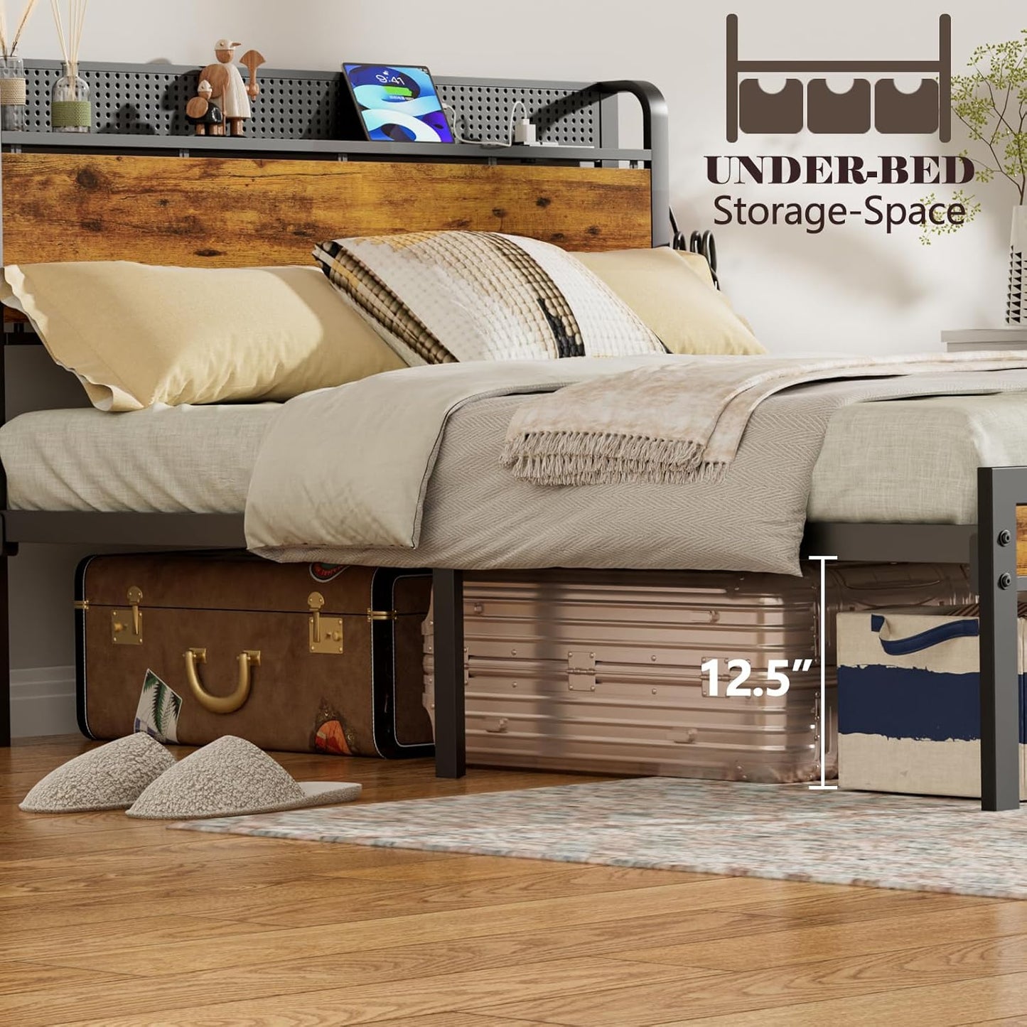 Queen Bed Frame with Headboard Storage, Bed Frame Queen Size with Charging Station and LED Lights No Box Spring Needed,Heavy Duty Steel Slats,Noise Free