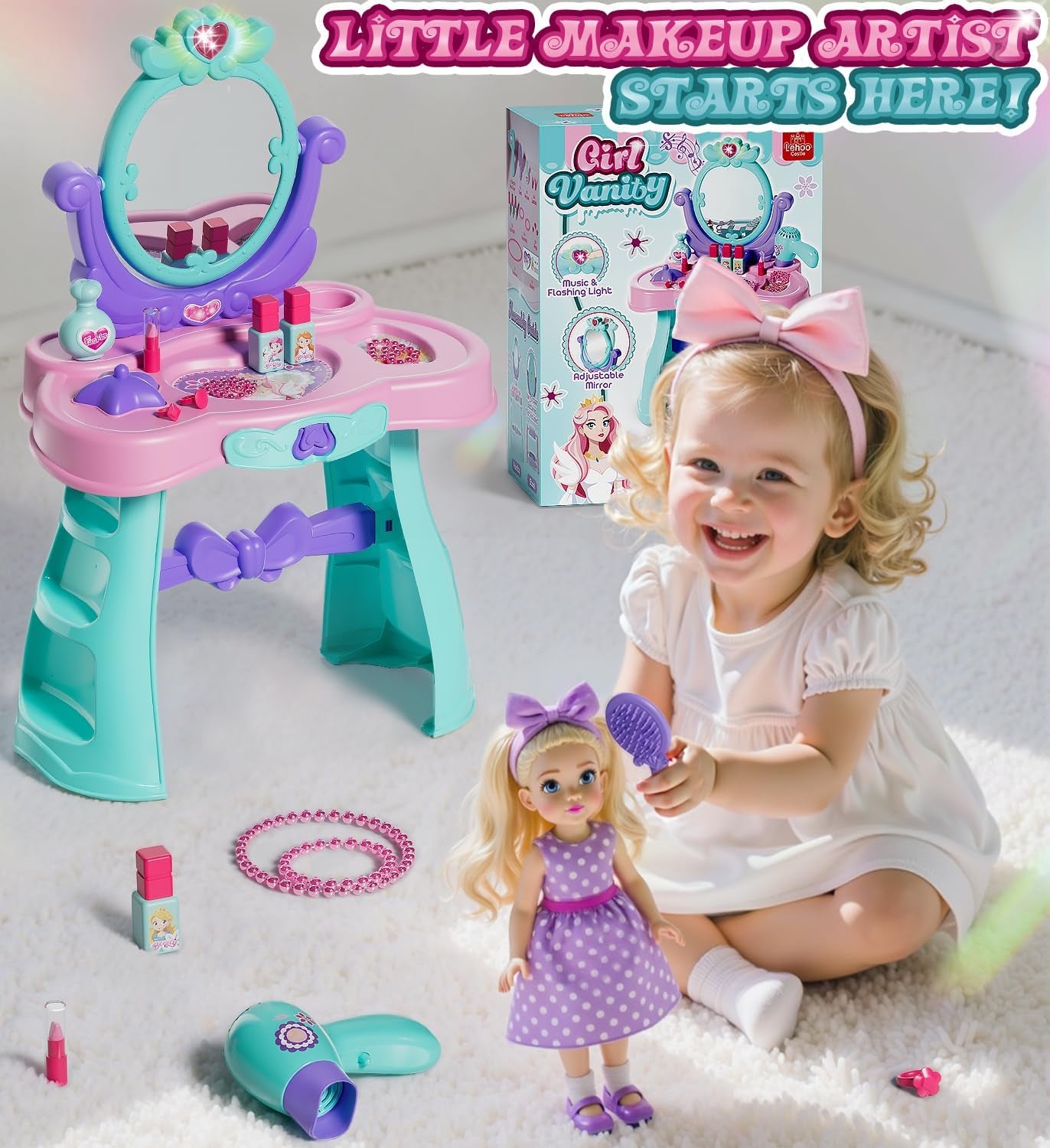 Kids Vanity Table and Chair Set with Mirror Light Music, Toddler Girls Makeup Table with Stool ＆ Hair Dryer, Pretend Play Princess Dress up Vanity Set, Birthday Gifts for 3 Year Old Girl