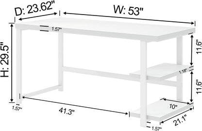 White Computer Desk, Modern Home Office Desk with Storage Shelf, Wood and Metal Writing Study Table for Living Room Bedroom, 53 Inch
