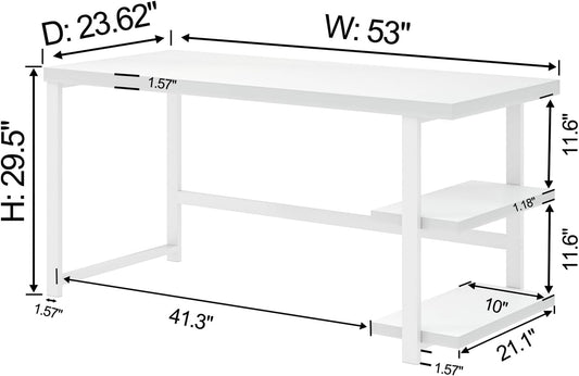 White Computer Desk, Modern Home Office Desk with Storage Shelf, Wood and Metal Writing Study Table for Living Room Bedroom, 53 Inch