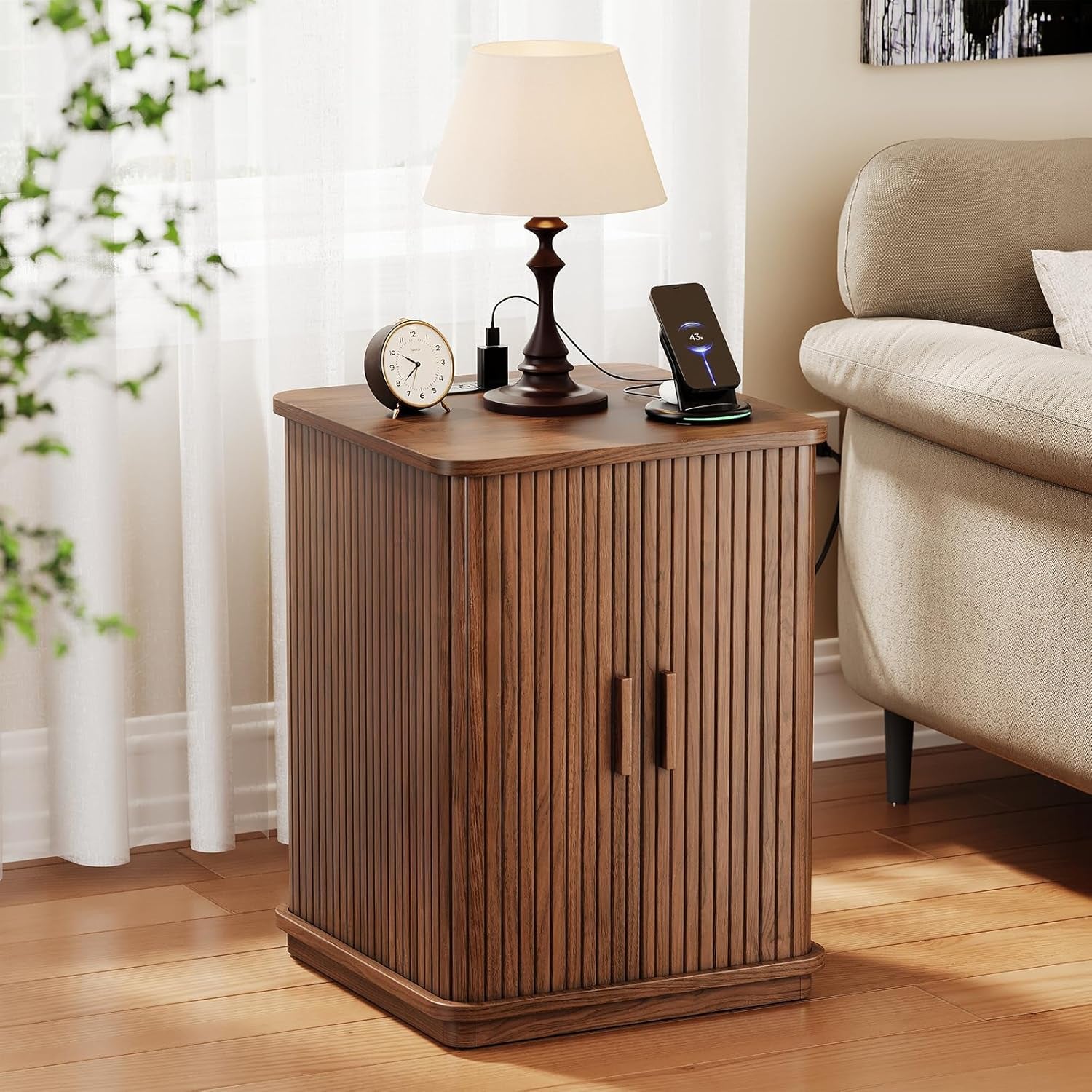 Square End Table with Storage & Charging Station, Fluted Accent Side Table with Sliding Door & Sturdy Pedestal, Mid-Century Modern Nightstand for Small Space, Living Room, Bedroom, Walnut