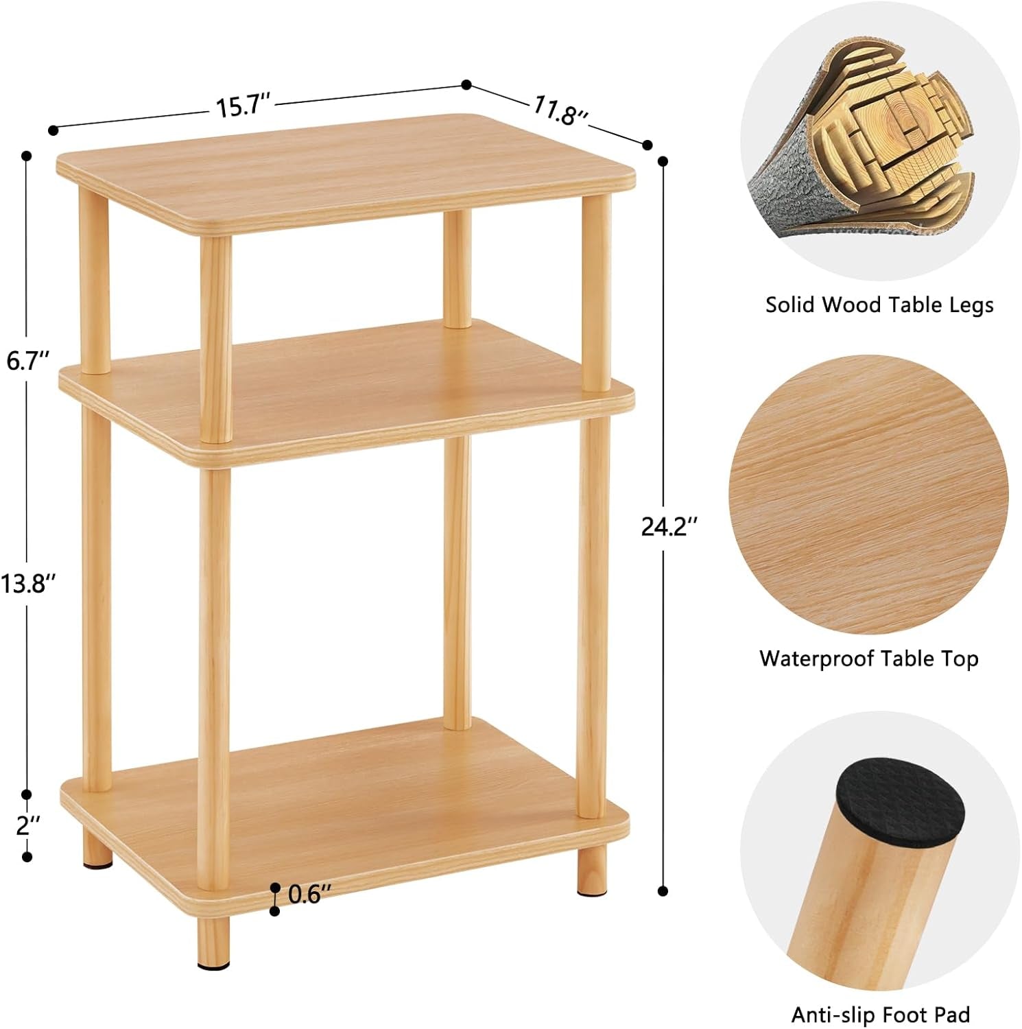 3 Tier End Table, Record Player Stand with Storage Shelf, Wooden Vinyl Record, Nightstand Bedside Table for Small Spaces, Bedroom, Living Room, Easy Assembly, Natural