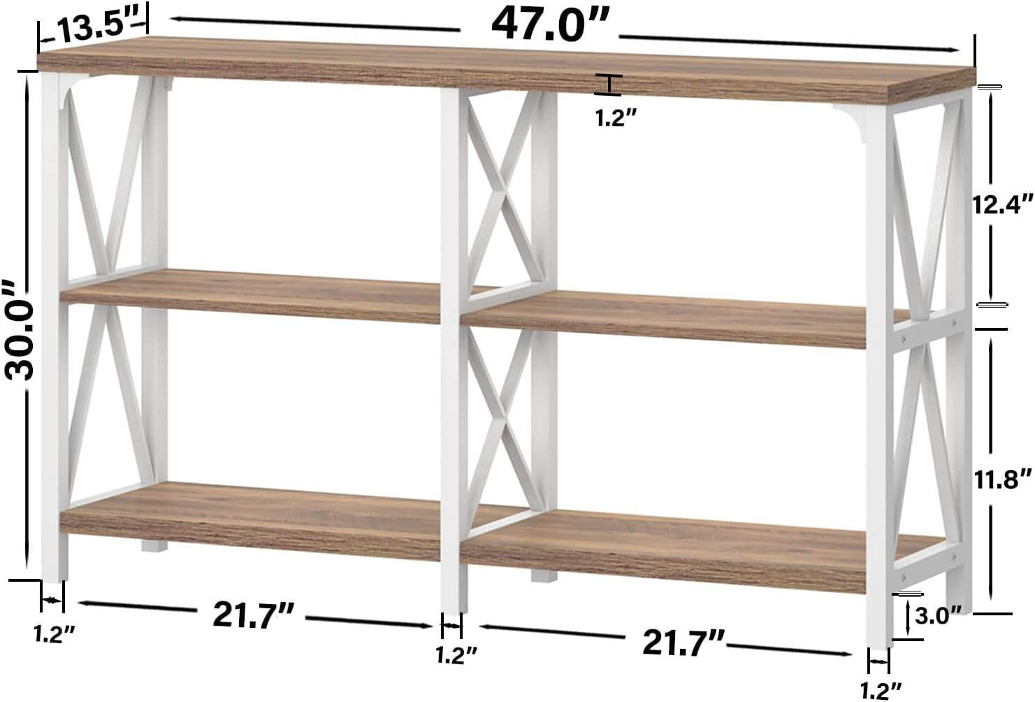 Farmhouse Entryway Table, Wood TV Console Table, Rustic Metal Sofa Table, Industrial Hallway Tables with Storage Shelves, Modern Foyer Tables for Front Entry Way, White and Rustic Oak, 47 Inch