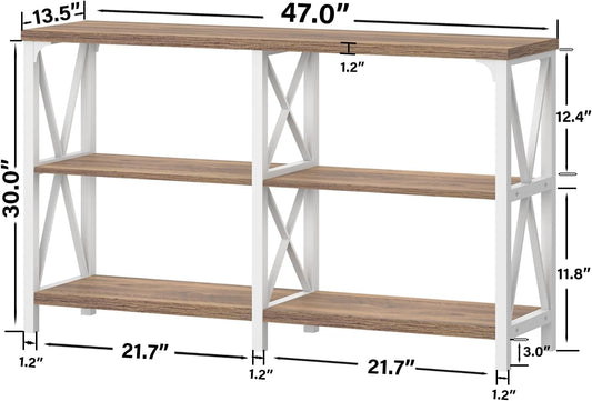Farmhouse Entryway Table, Wood TV Console Table, Rustic Metal Sofa Table, Industrial Hallway Tables with Storage Shelves, Modern Foyer Tables for Front Entry Way, White and Rustic Oak, 47 Inch