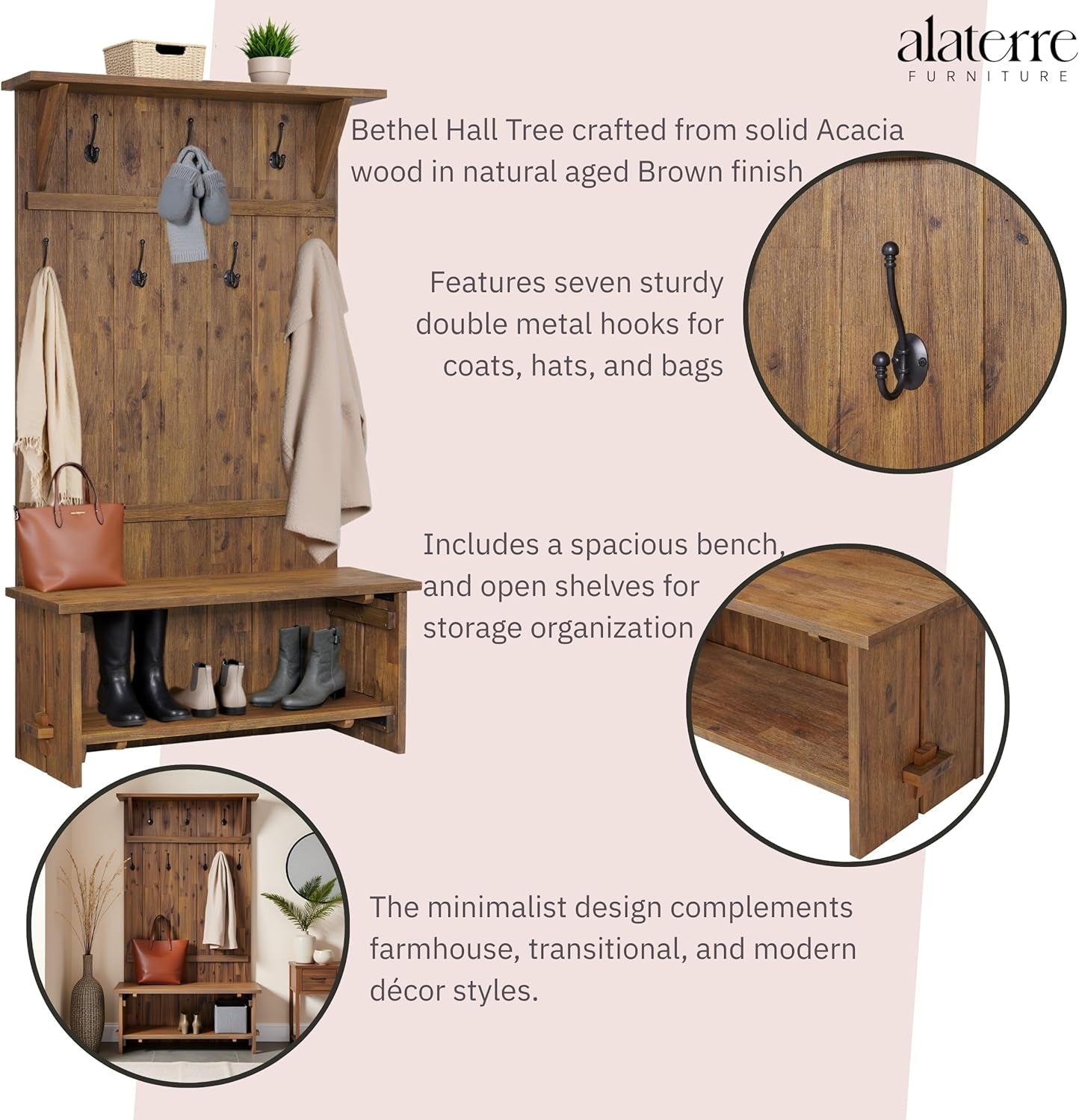 Bethel 70-Inch Acacia Wood Hall Tree with Bench, Storage Shelves & Metal Coat Hooks – Entryway Organizer for Mudroom, Hallway, or Kitchen (Natural Aged Brown Finish)