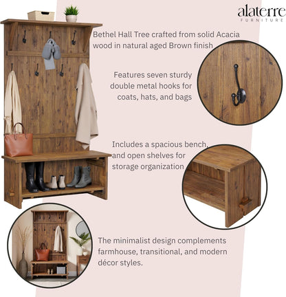 Bethel 70-Inch Acacia Wood Hall Tree with Bench, Storage Shelves & Metal Coat Hooks – Entryway Organizer for Mudroom, Hallway, or Kitchen (Natural Aged Brown Finish)