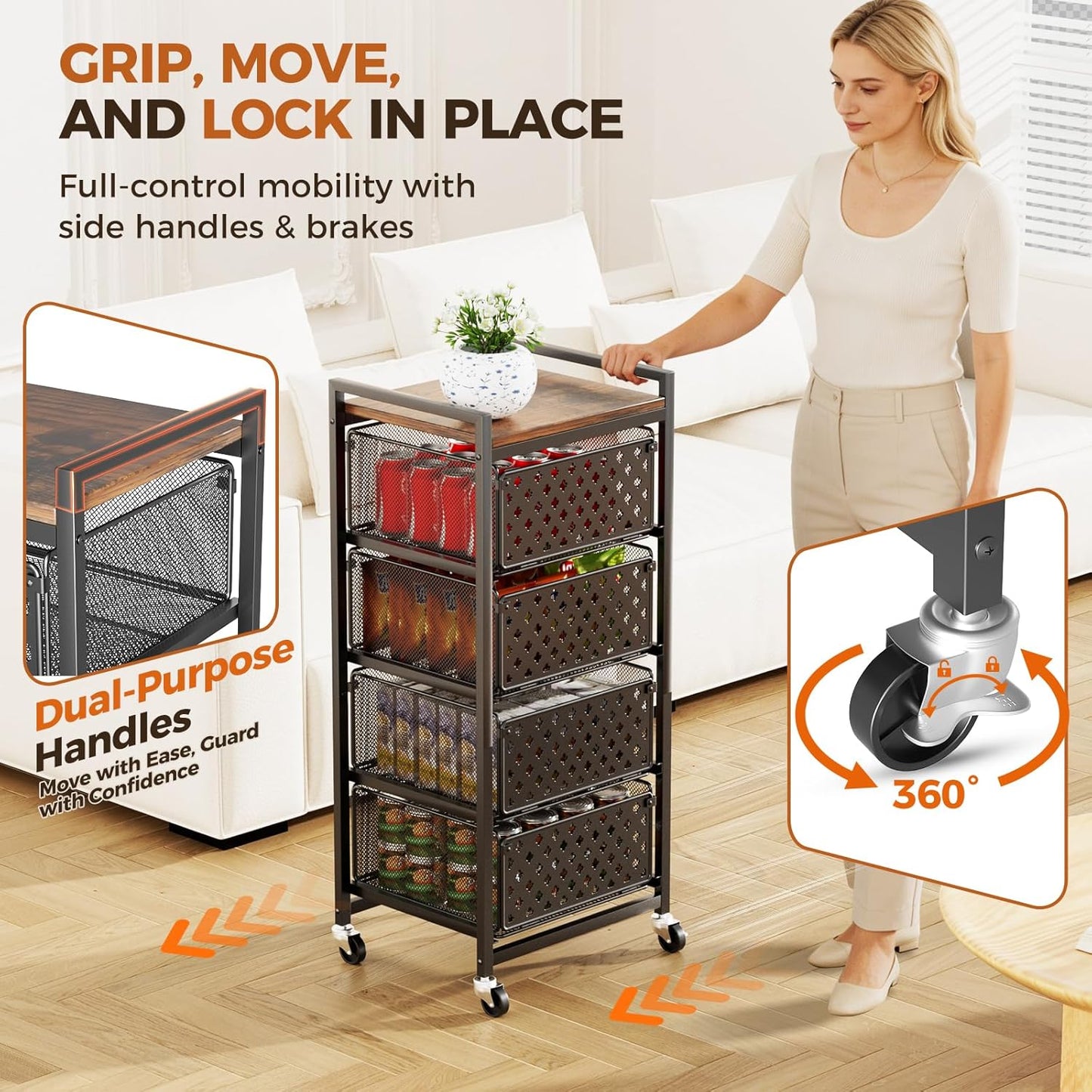 5 Tier Kitchen Storage Cart with Wheels, Utility Fruit Vegetable Storage Rack Stand with Pull-Out Baskets & Wood Top, Metal 4-Drawers Rolling Snack Cart, Kitchen Cart for Potato Onion(Black)