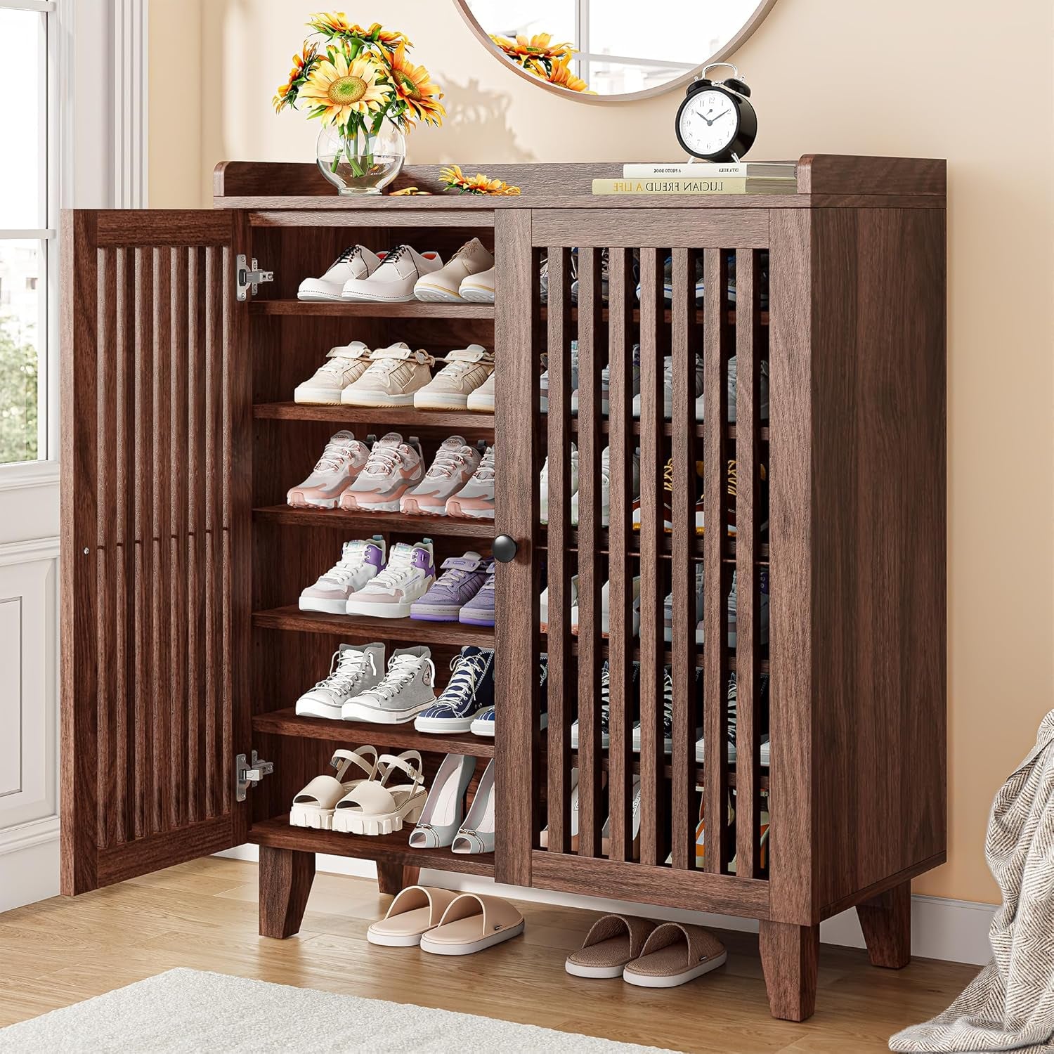 Shoe Cabinet with Slatted Doors, 6-Tier Shoe Storage Cabinet with Adjustable Shelves, Wooden Shoe Rack Organizer for Entryway, Hallway, Closet, Living Room, Walnut