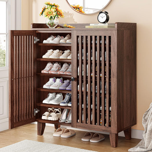 Shoe Cabinet with Slatted Doors, 6-Tier Shoe Storage Cabinet with Adjustable Shelves, Wooden Shoe Rack Organizer for Entryway, Hallway, Closet, Living Room, Walnut