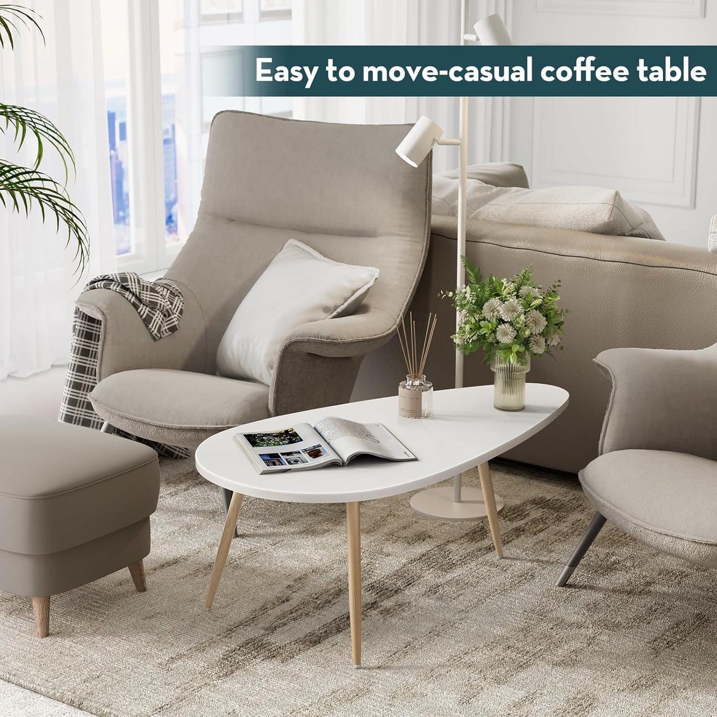 Modern Coffee Table White Oval Coffee Tables for Living Room Simple Center Table for Small Space Home Office Easy Assembly 22.2" D X 42.5" W X 17.1" H, White