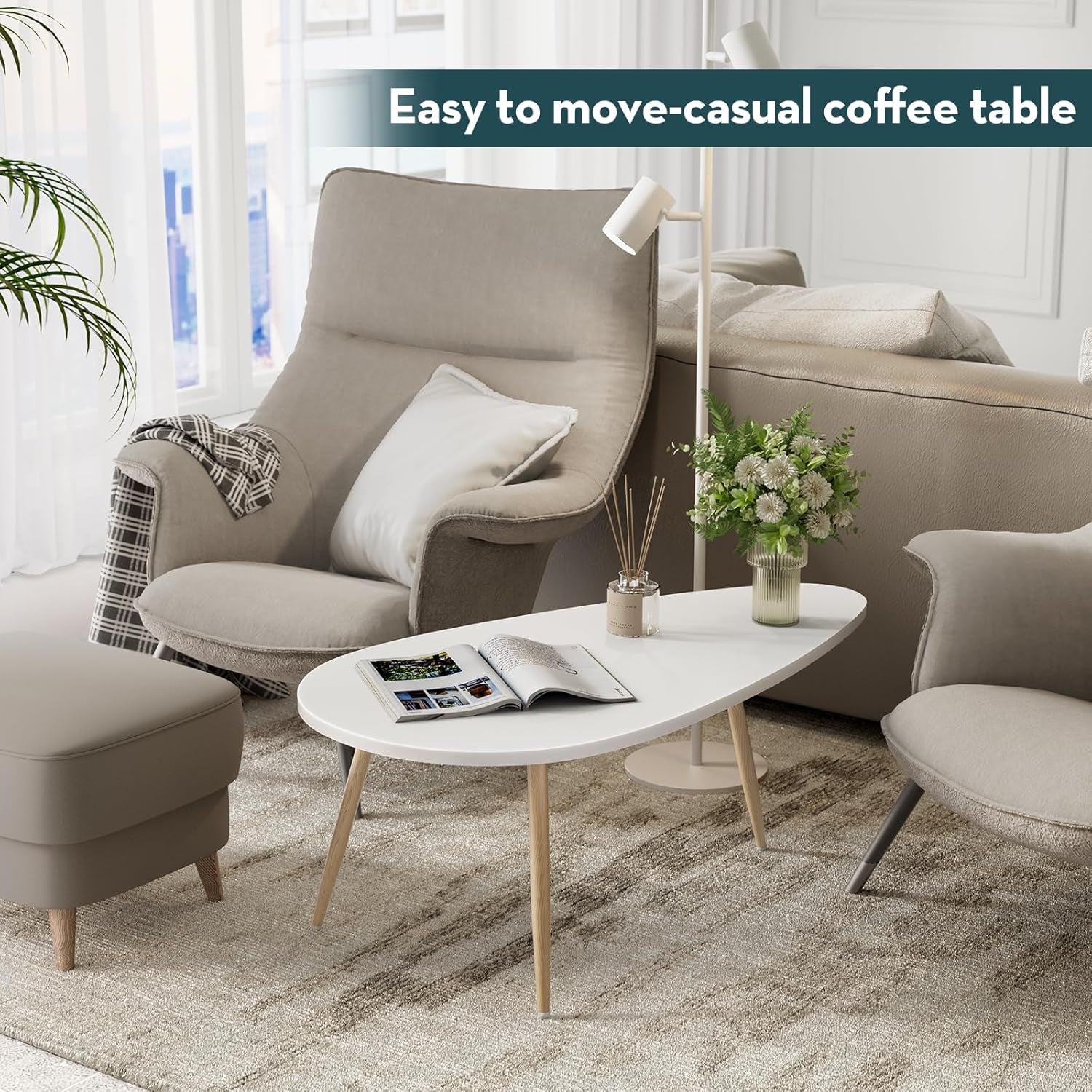 Modern Coffee Table White Oval Coffee Tables for Living Room Simple Center Table for Small Space Home Office Easy Assembly 22.2" D X 42.5" W X 17.1" H, White