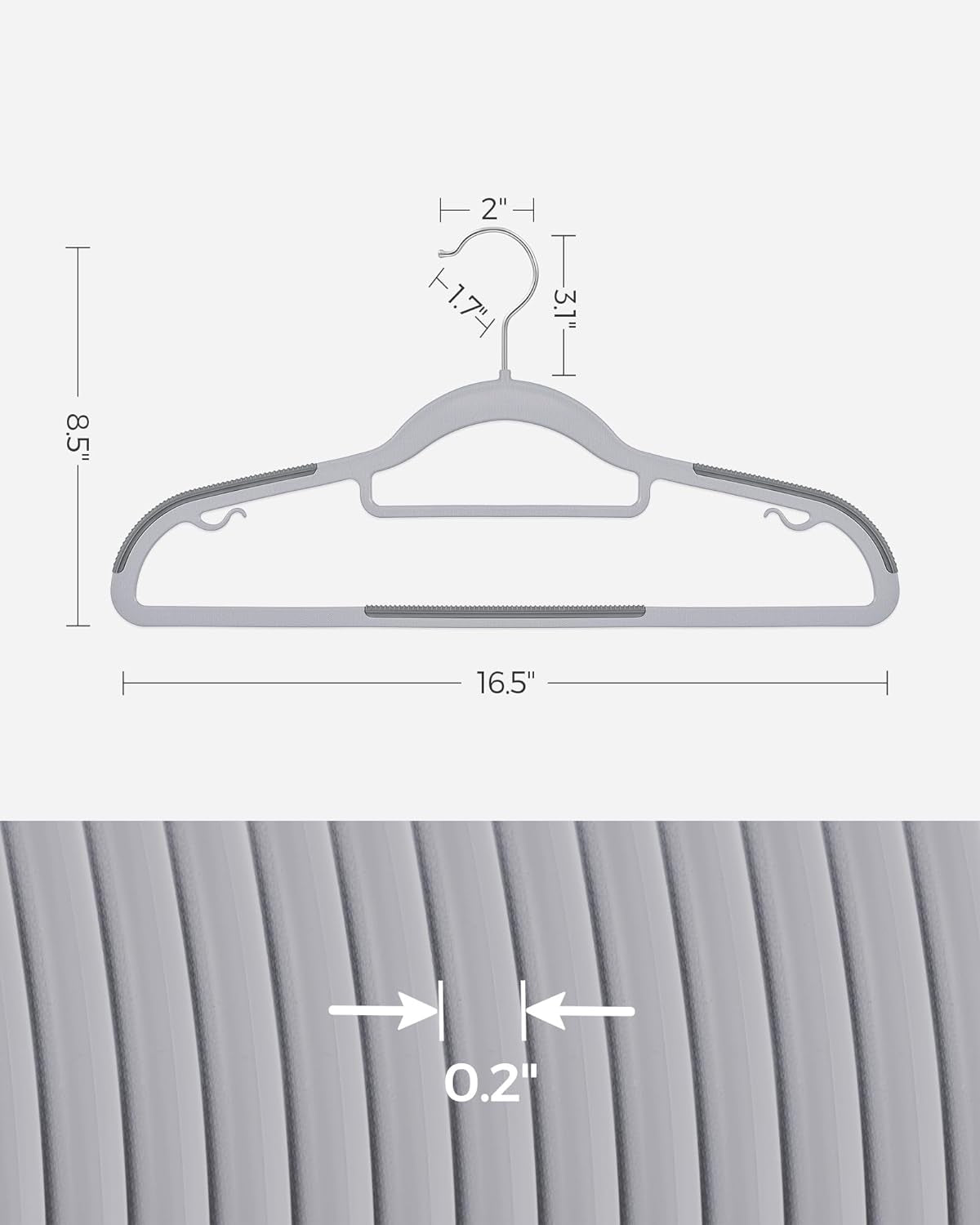 Pack of 50 Coat Hangers, Space-Saving Plastic Clothes Hangers, Non-Slip, 0.2 Inches Slim, 16.5 Inches Wide, 360° Swivel Silver Hook, Light Gray and Dark Gray UCRP20G50