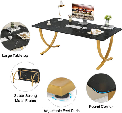 Executive Desk, 63” W X 31.5” D Large Office Desk, Modern Computer Desk Conference Table Meeting Room Table, Business Furniture for Home Office, Black and Gold