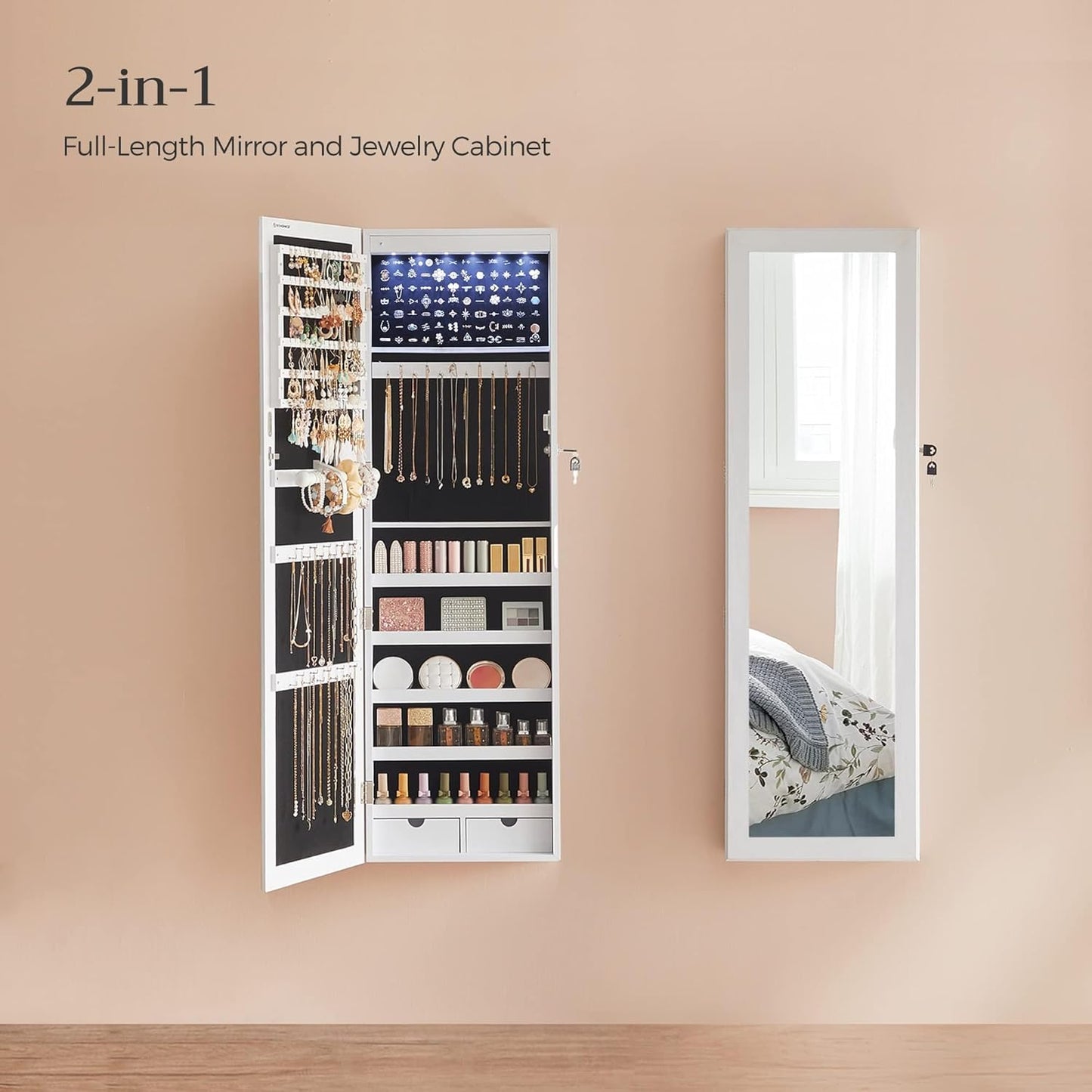 6 Leds Mirror Jewelry Cabinet, 47.2-Inch Tall Lockable Wall or Door Mounted Jewelry Armoire Organizer with Mirror, 2 Drawers, 3.9 X 14.6 X 47.2 Inches, White UJJC93W
