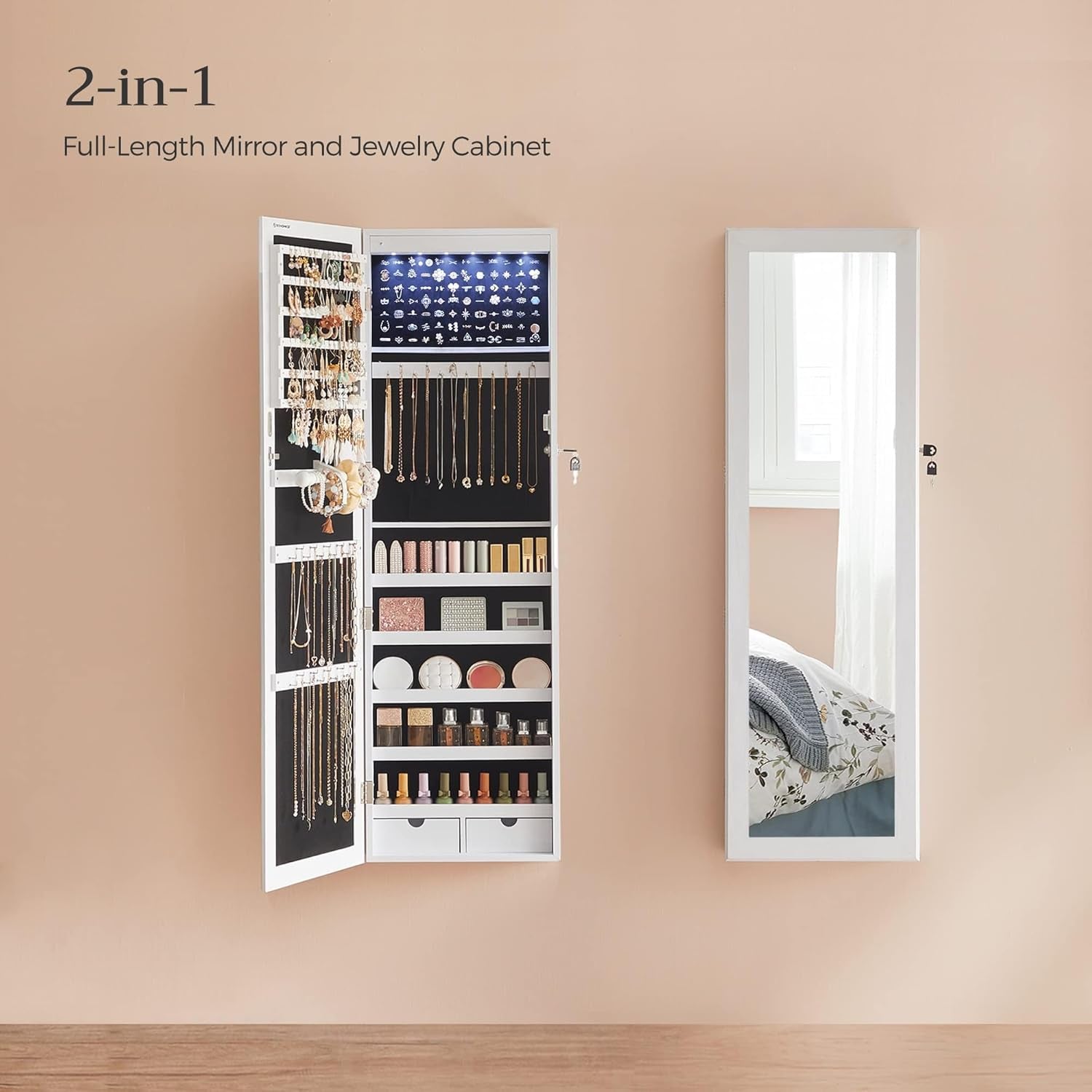 6 Leds Mirror Jewelry Cabinet, 47.2-Inch Tall Lockable Wall or Door Mounted Jewelry Armoire Organizer with Mirror, 2 Drawers, 3.9 X 14.6 X 47.2 Inches, White UJJC93W