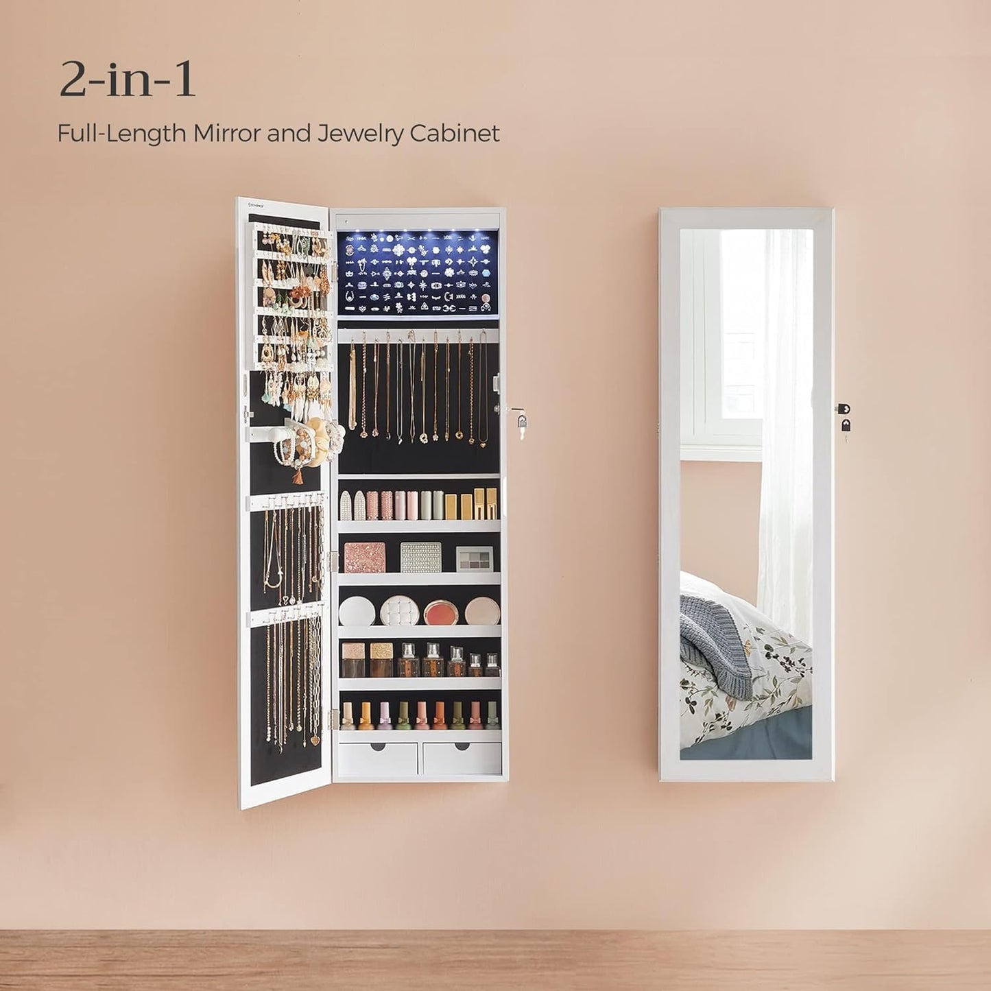 6 Leds Mirror Jewelry Cabinet, 47.2-Inch Tall Lockable Wall or Door Mounted Jewelry Armoire Organizer with Mirror, 2 Drawers, 3.9 X 14.6 X 47.2 Inches, White UJJC93W
