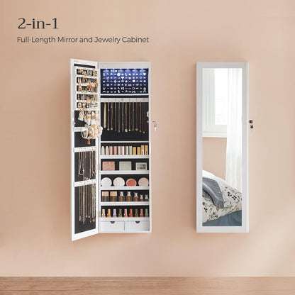 6 Leds Mirror Jewelry Cabinet, 47.2-Inch Tall Lockable Wall or Door Mounted Jewelry Armoire Organizer with Mirror, 2 Drawers, 3.9 X 14.6 X 47.2 Inches, White UJJC93W