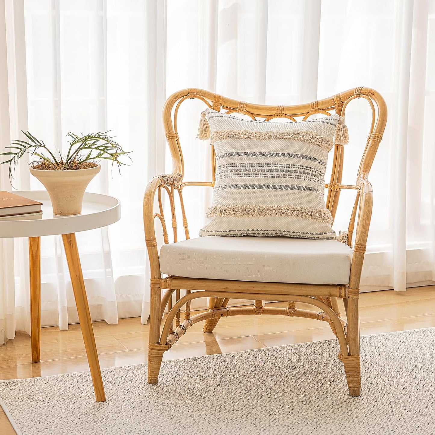 Boho Throw Pillow Covers 18X18 Set of 2 Woven Tufted Farmhouse Pillows Cover with Tassels Textured Striped Cushion Case Neutral Pillow Cases Decorative Pillowcase for Sofa, Couch, Bed, Khaki