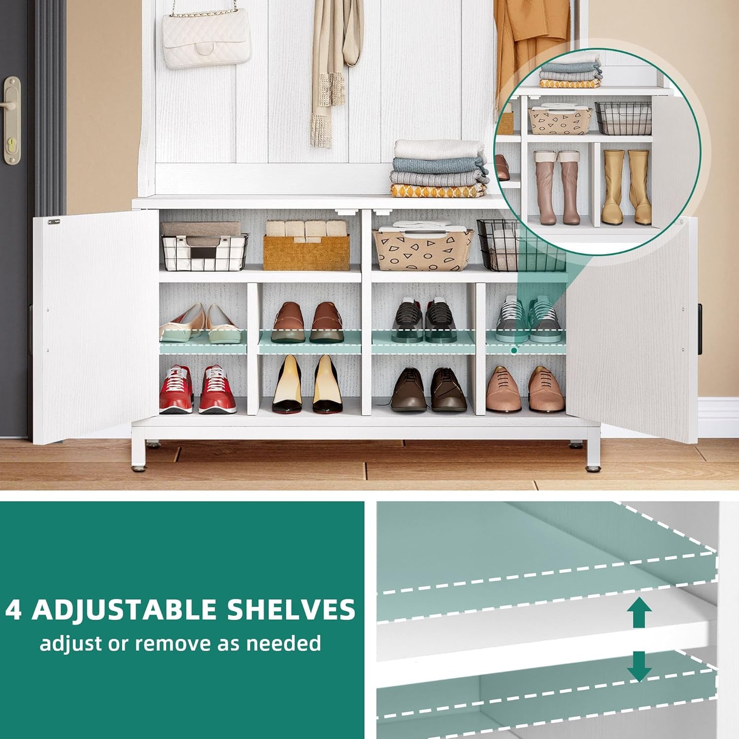 Hall Tree with Shoe Storage Bench for Entryway, 4-In-1 Coat Rack with Bench, Entrance Organizer, Hall Tree with Adjustable Shoe Storage and Hanging Hooks, White