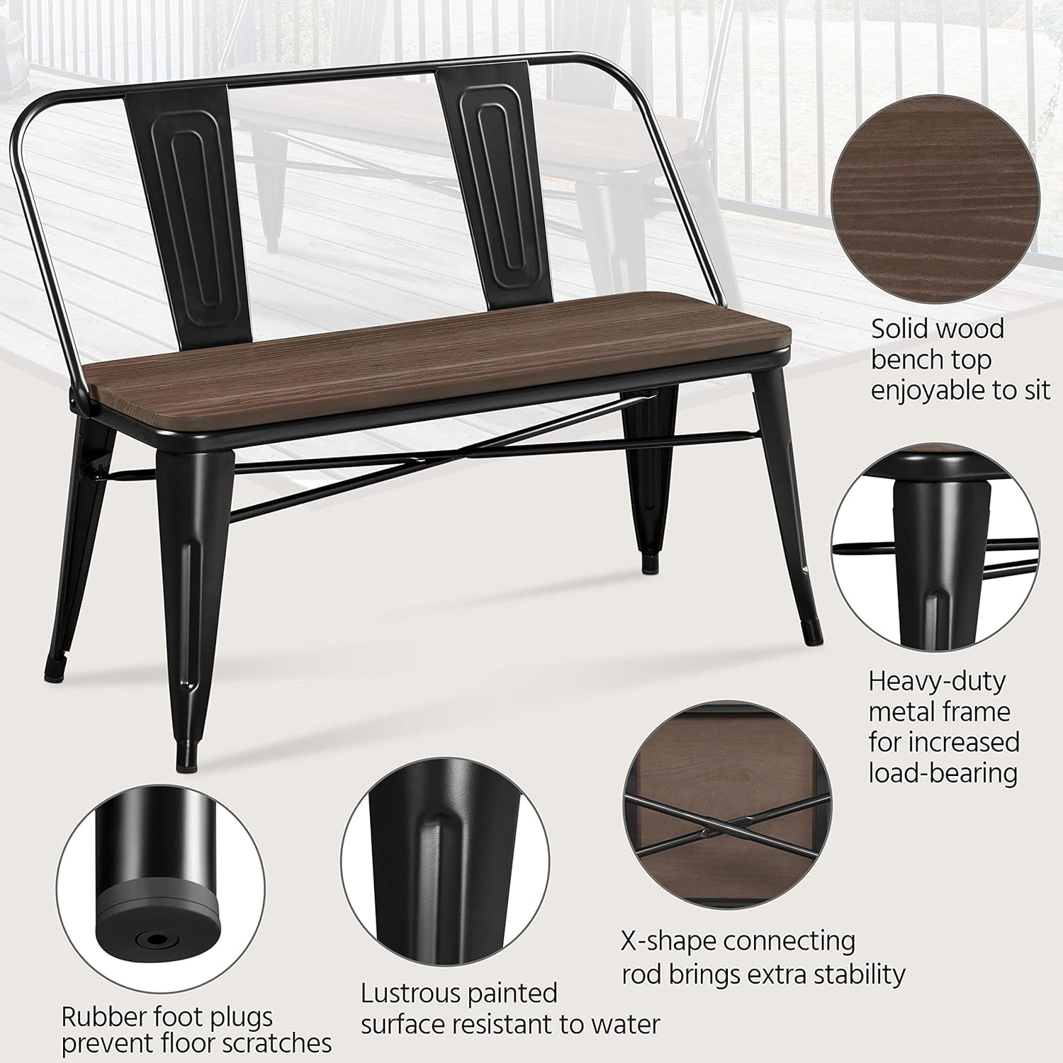 Industrial Metal Dining Bench Mid-Century Farmhouse Bench with Wooden Top Seat and Removable Backrest for Kitchen/Garden, Black