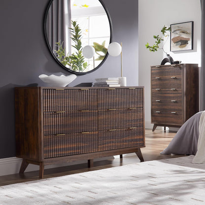 Fluted 6 Drawers Dresser, 54" Wide Modern Chest of Drawers, Curved Profile Design, Dresser TV Stand, Wood Drawer Organizer for Bedroom, Living Room, Hallway, Dark Walnut