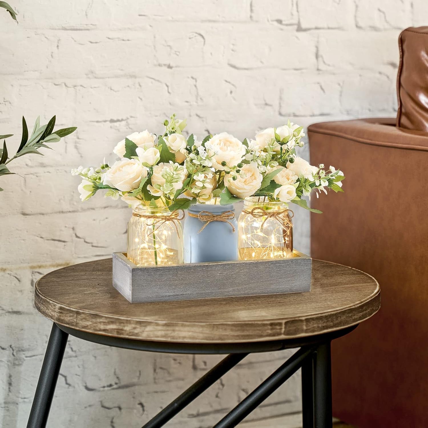 Mason Jar Lights Centerpiece Table Decor for Dining Room Farmhouse Wood Tray with 3 Jars Flowers Center Pieces Spring Decor for Coffee Table Kitchen Living Room, Grey Blue