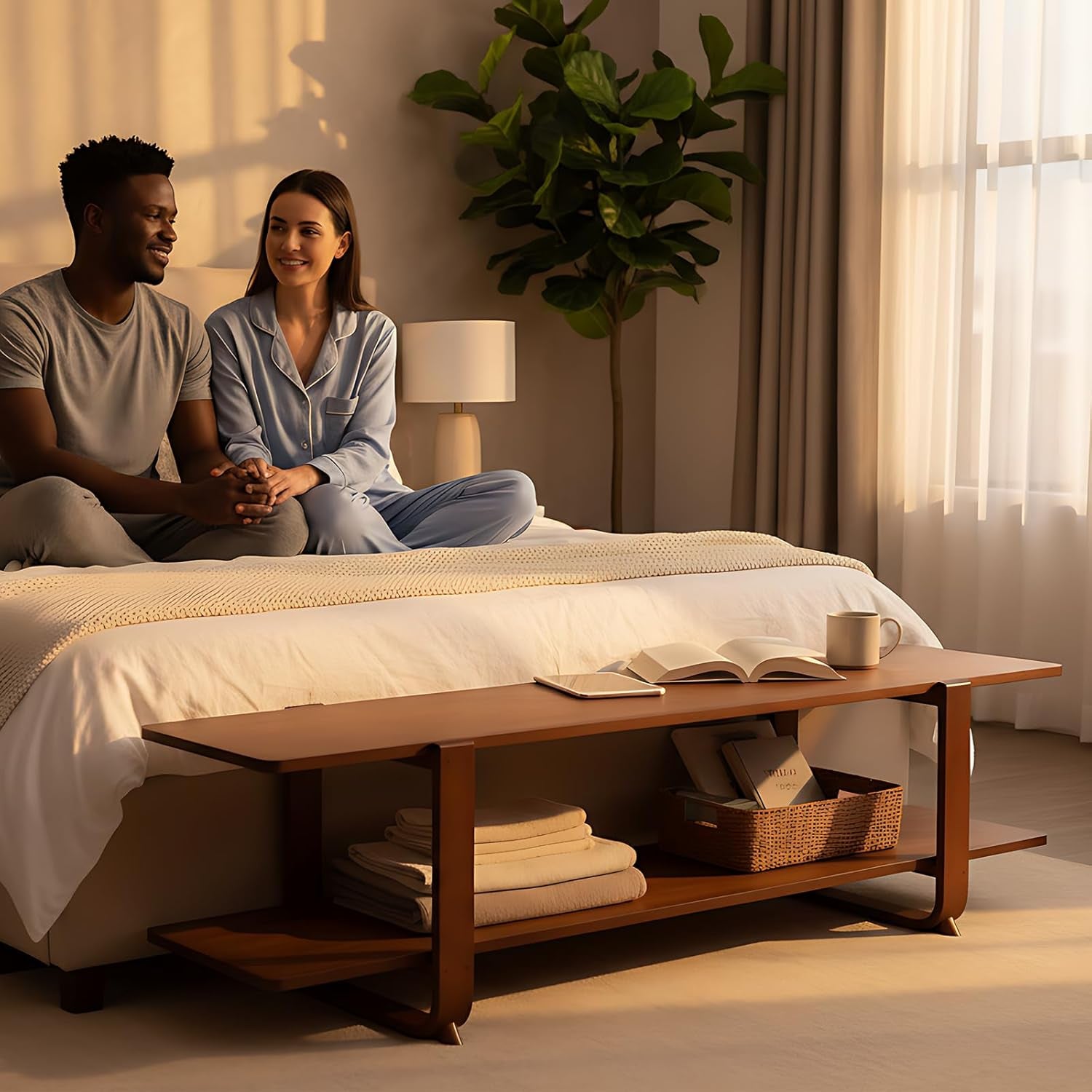 TV Stand with Storage for Tvs up to 65'', Bamboo TV Console Entertainment Center with 2 Open Shelf, Mid Century Modern Media Console for Living Room, Bedroom, Walnut