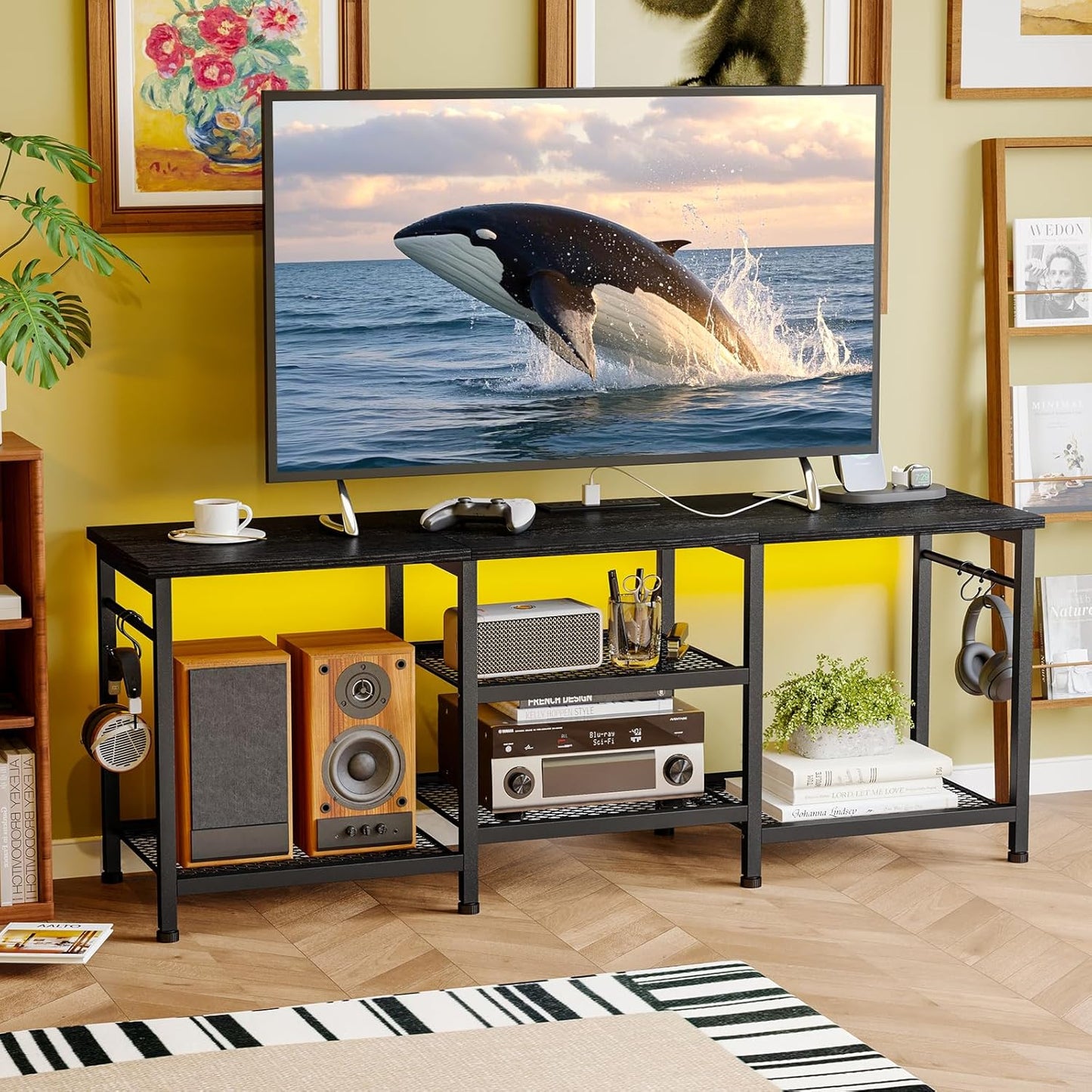 Black TV Stand Entertainment Center for 55 Inch Tvs, with Charging Station and Lights Open Storage Shelves, TV Media Console, Open Storage Shelf with Sound Rack for Living Room, Bedroom