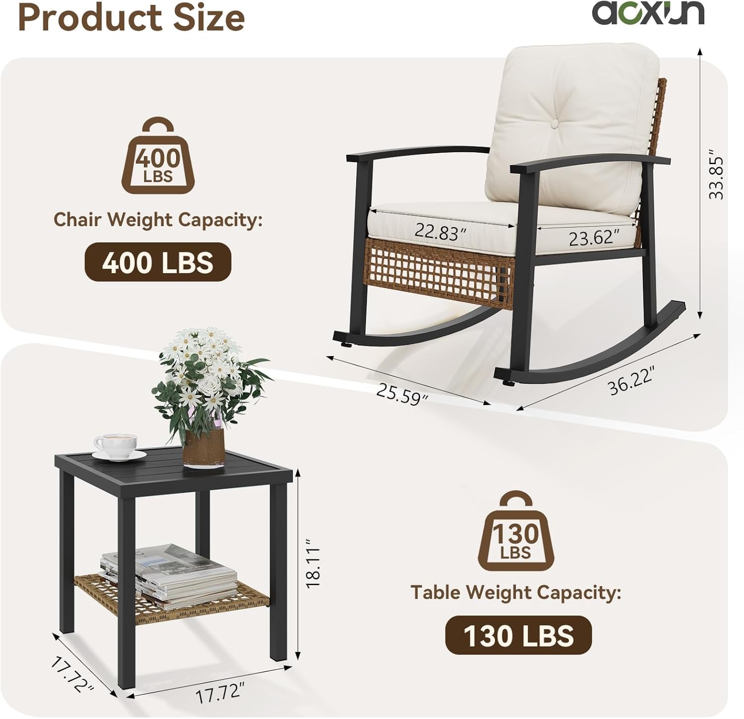 3-Piece Outdoor Rocking Bistro Set, Patio Furniture Set with Coffee Table and Thick Cushions, Wicker Rocking Chairs Set of 2 for Garden, Balcony, Backyard, Poolside (Beige)