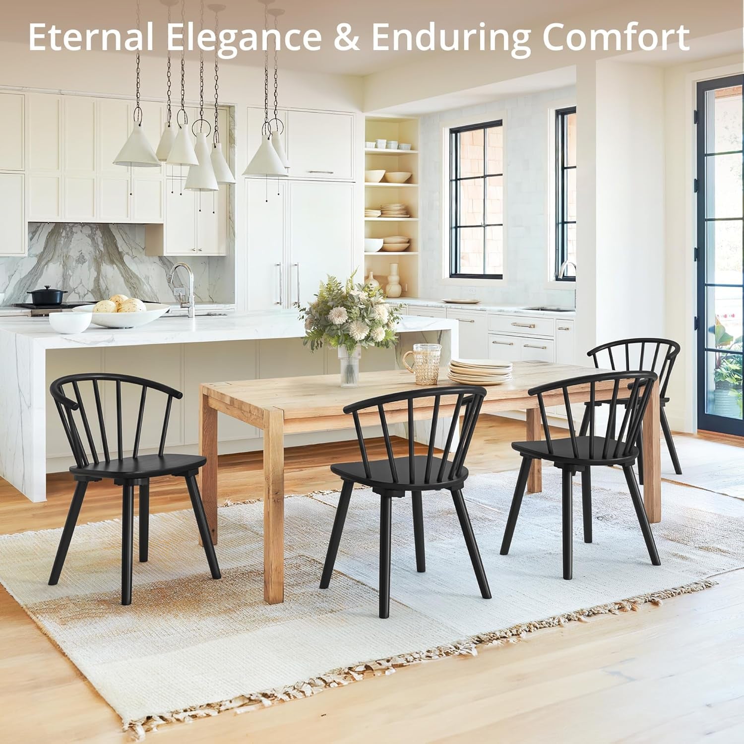 Black Dining Chairs Set of 4, Farmhouse Wood Dining Chairs with Semicircular Backrest, Spindle Dining Chair for Kitchen and Dining Room, 18 Inch