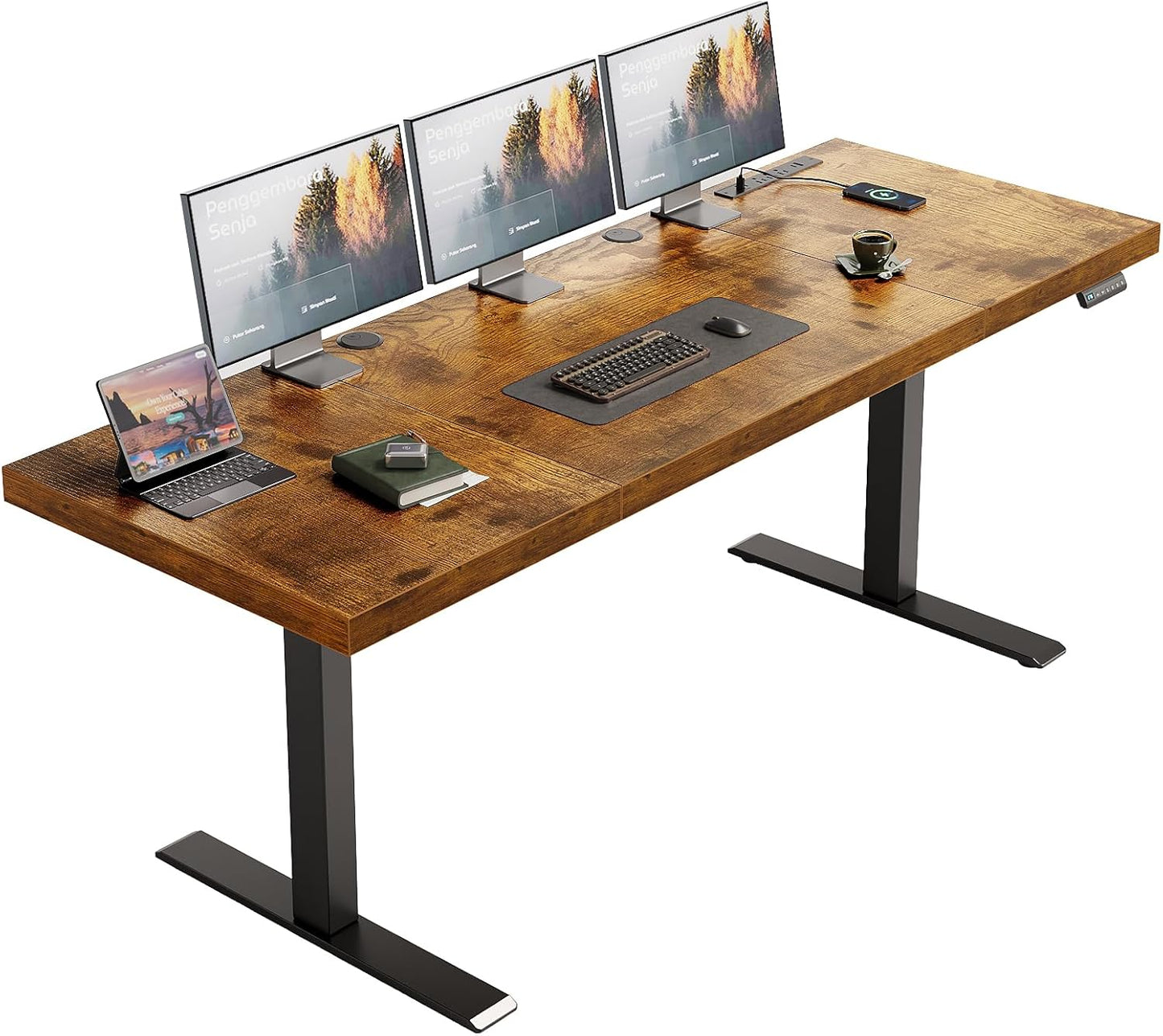 71 Inch Executive Electric Standing Desk, Height Adjustable Desk with Power Outlet & 1.38" Thick 3-Piece Desktop, Sit Stand Computer Desk for Home, Office, Conference Room, Rustic Brown